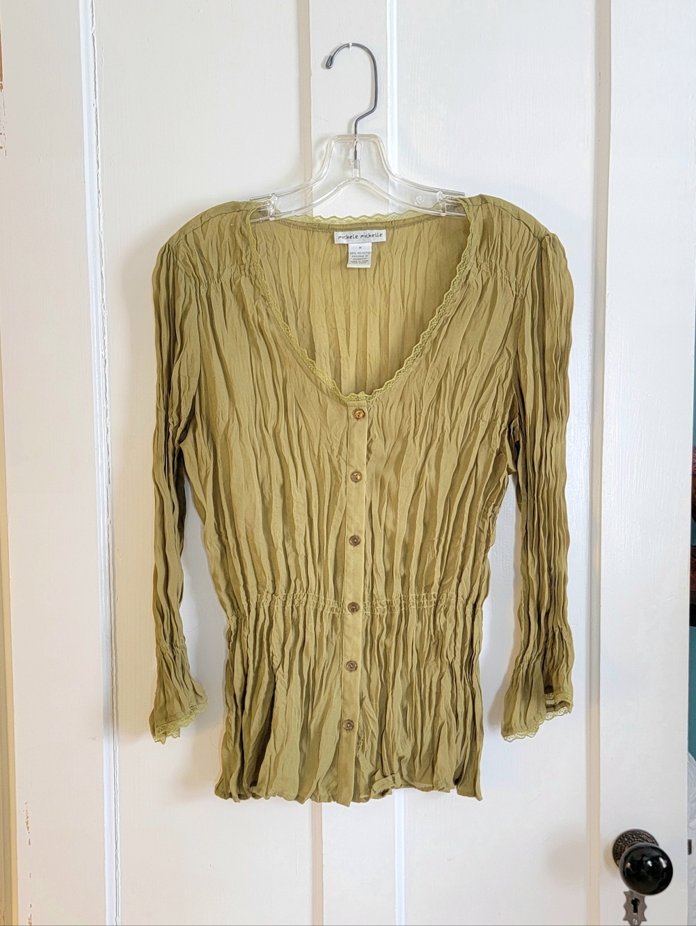 Michele Michelle Olive Green Crinkle Boho Button Front Lace Trim Top Size M